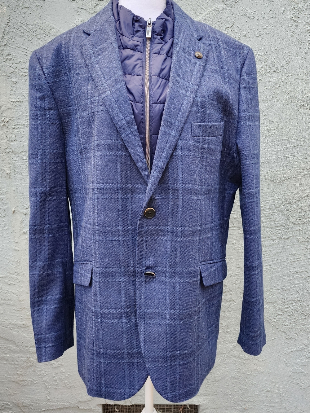 Johnston & Murphy Men’s Blue Plaid Blazer Sport Coat Puffer Zip Bib [M]